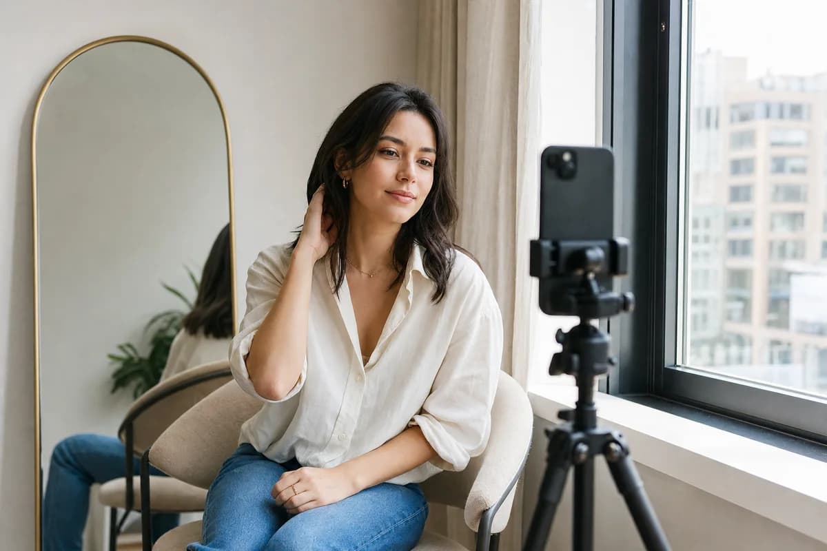 Person testing a profile photo setup with a phone tripod beside a bright window