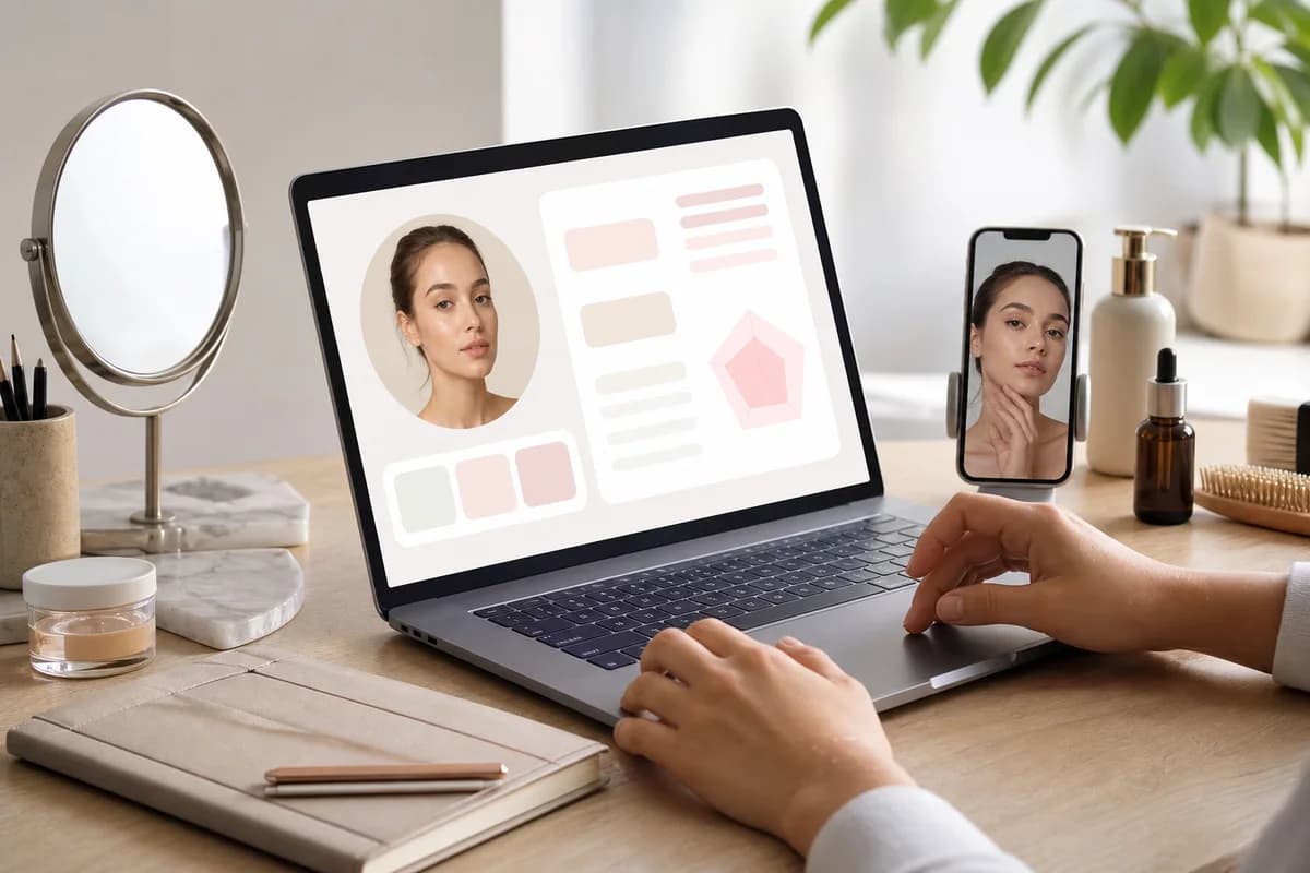 Private beauty report concept on a laptop beside a phone, mirror, and grooming items