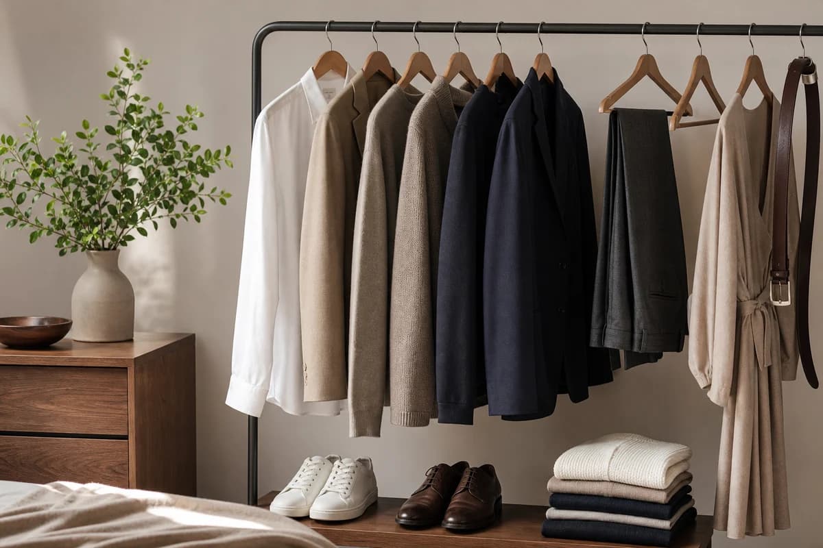 Editorial wardrobe rail with tailored basics, knitwear, trousers, shoes, and neutral hangers