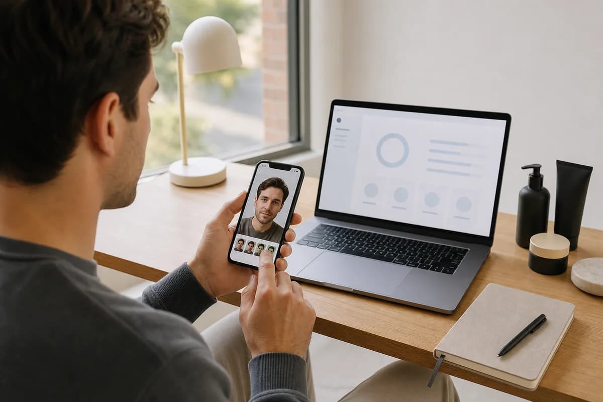 Person reviewing a selfie on a phone beside a laptop with an abstract private report layout