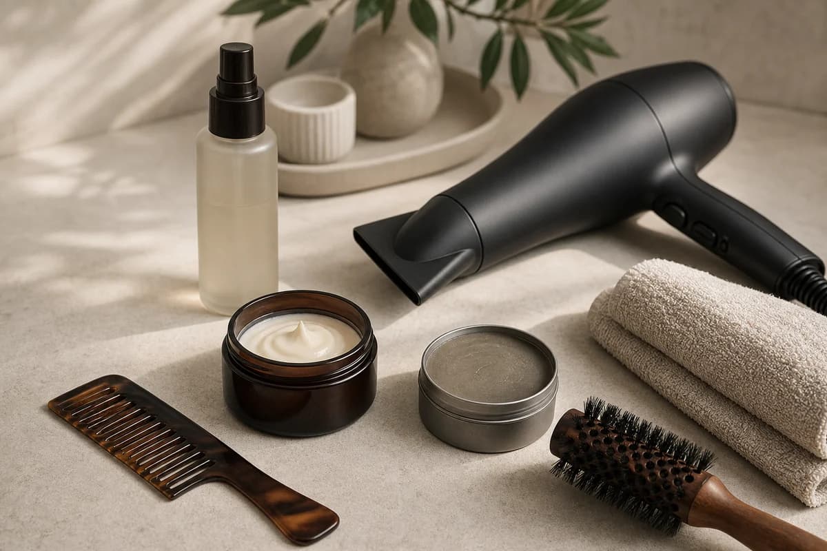Editorial hair styling counter with round brush, heat protectant bottle, styling cream, dryer, and soft towel