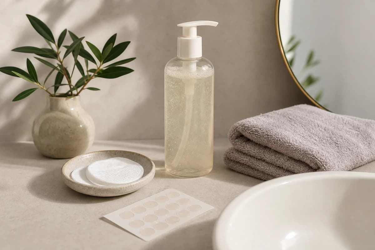 Clean sink and towel setup with a gentle cleanser and soft daylight