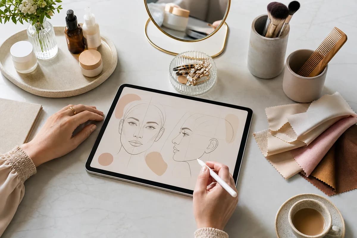 Tablet with face planning sketches beside a mirror, skincare, and color swatches