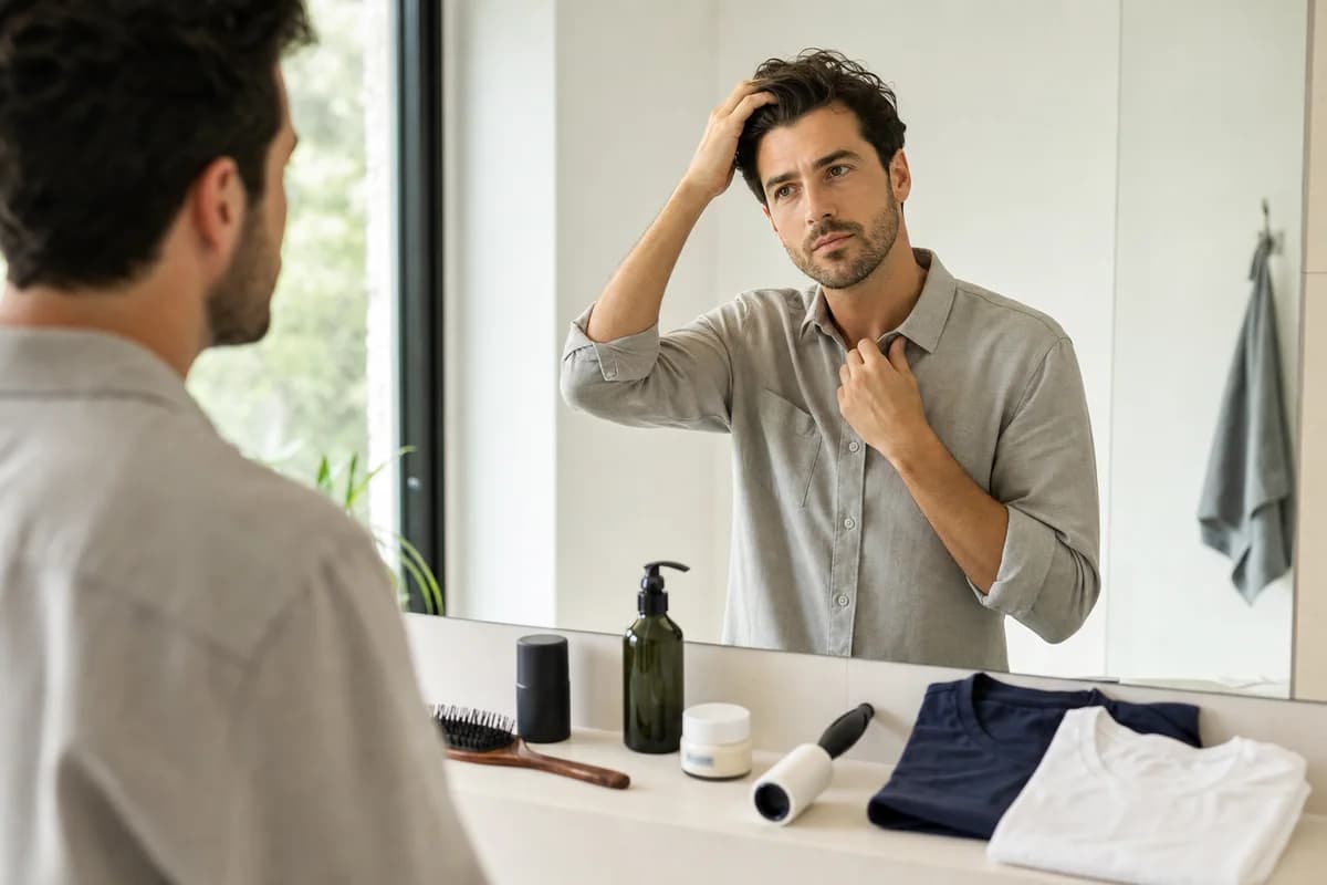 Person adjusting hair and collar in a mirror with grooming items nearby