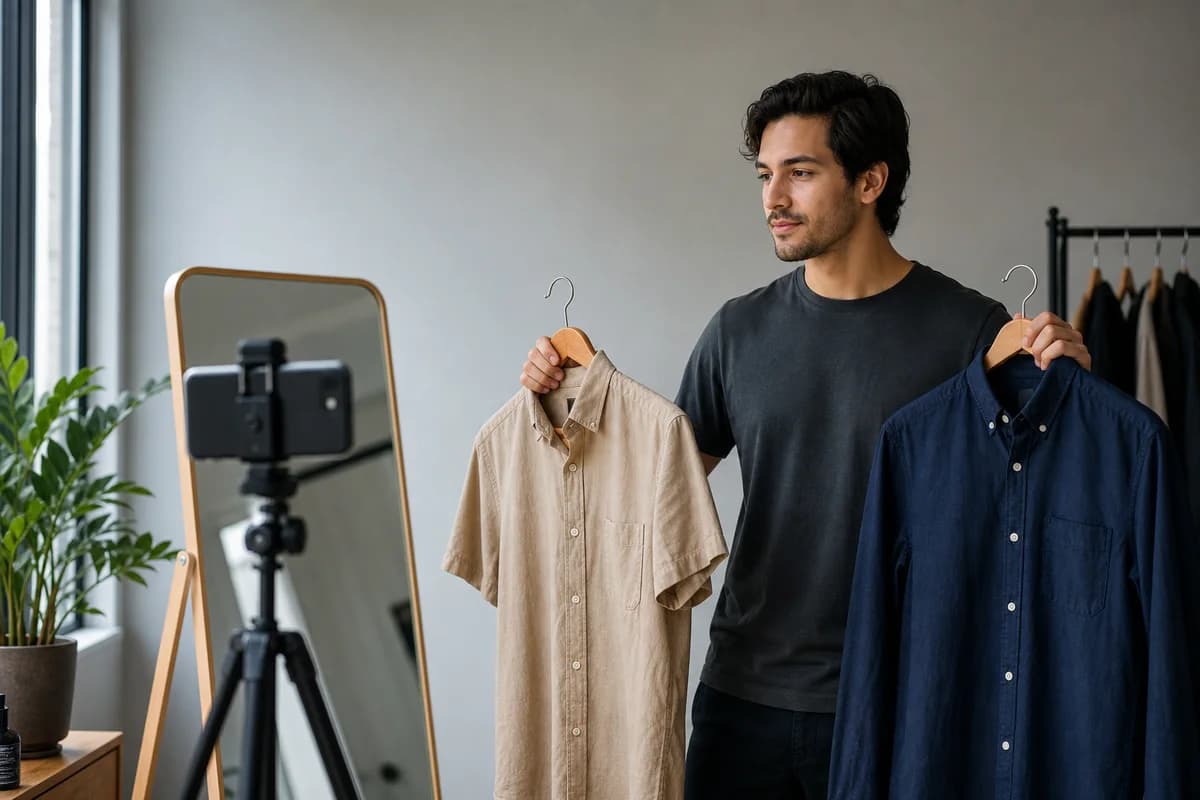 Person comparing clothing options beside a phone tripod before taking profile photos
