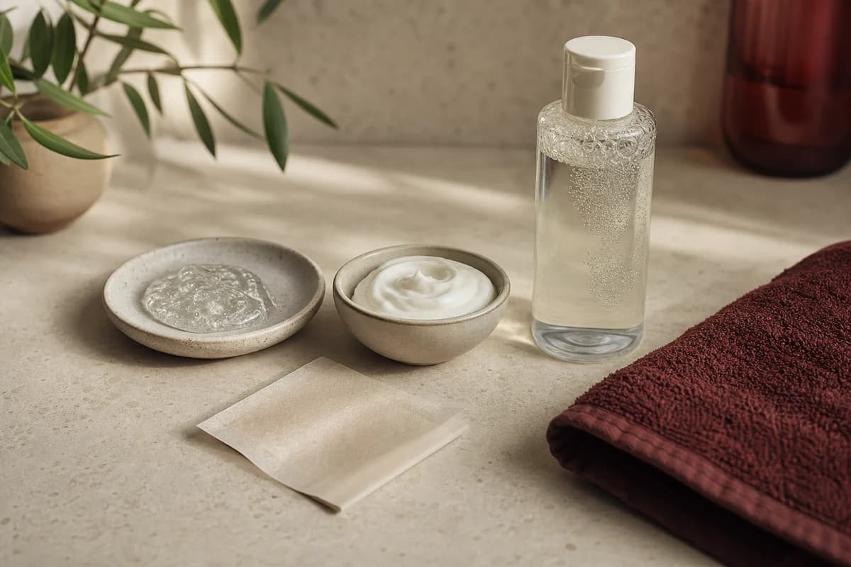 Editorial skincare still life with cleanser, moisturizer textures, blotting paper, and a soft towel