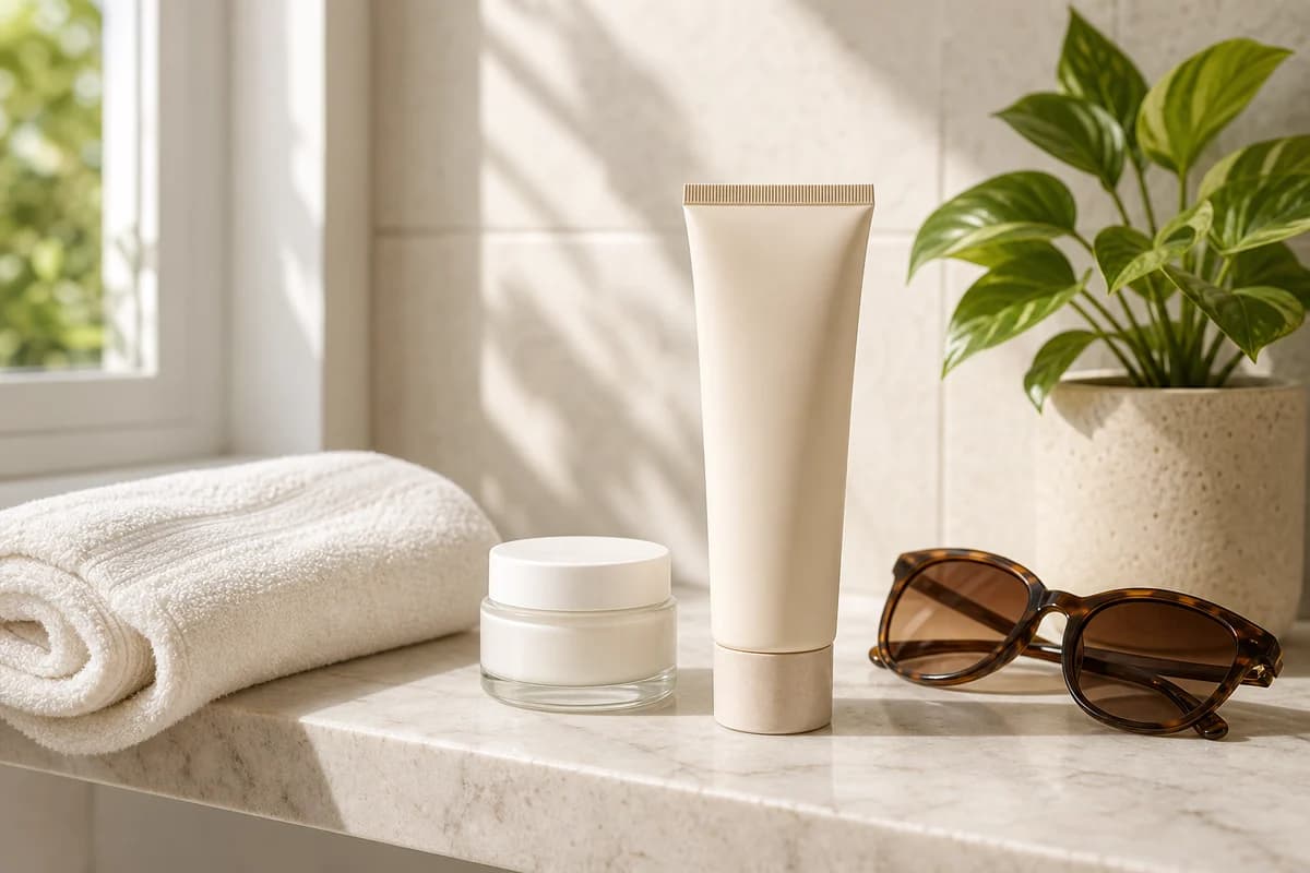 Sunlit bathroom shelf with an unlabeled sunscreen tube, moisturizer, towel, sunglasses, and plant