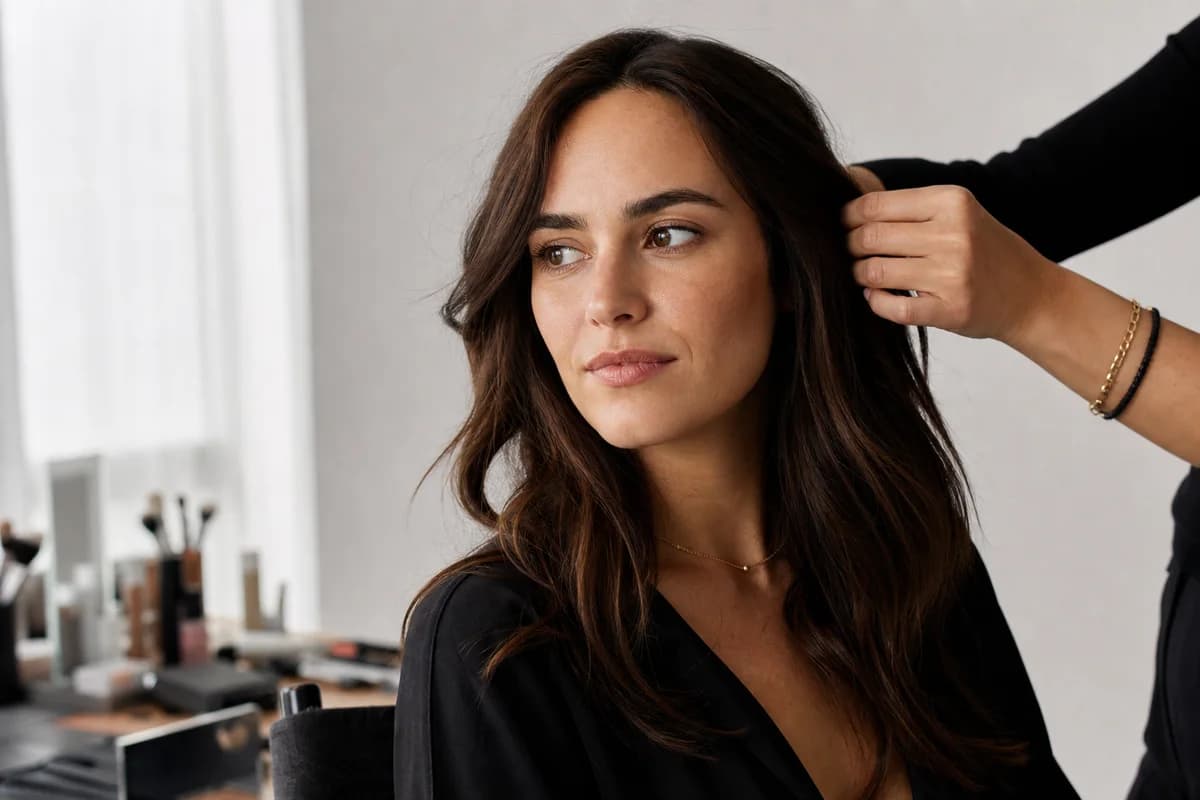 Editorial portrait scene with a stylist gently adjusting hair in soft studio light