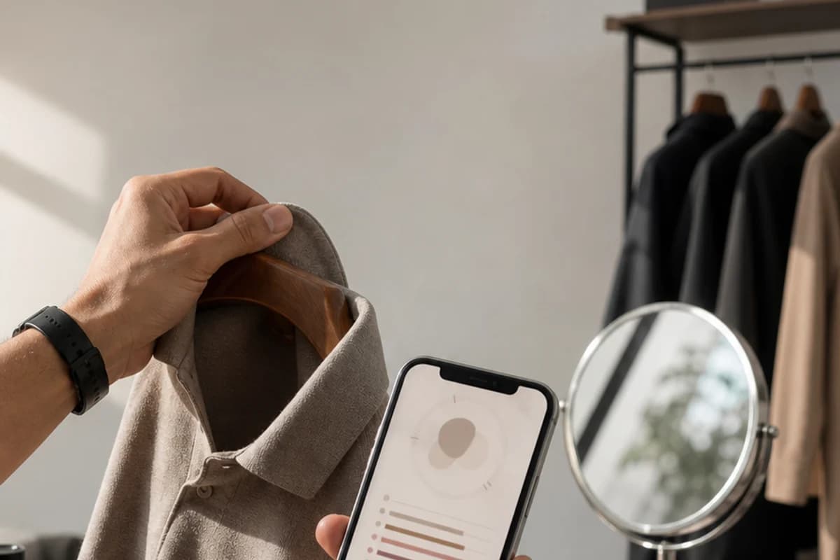 Minimal grooming setup with a mirror, comb, skincare, and a phone showing a private report